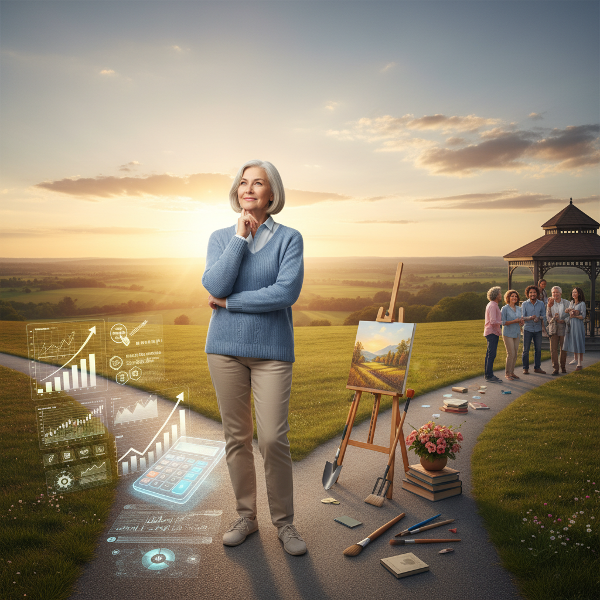 تصویری نمادین از یک زن بازنشسته در آستانه یک فصل جدید زندگی، که بین مسیر برنامه‌ریزی مالی و مسیر کشف فعالیت‌های معنادار و اجتماعی ایستاده است.