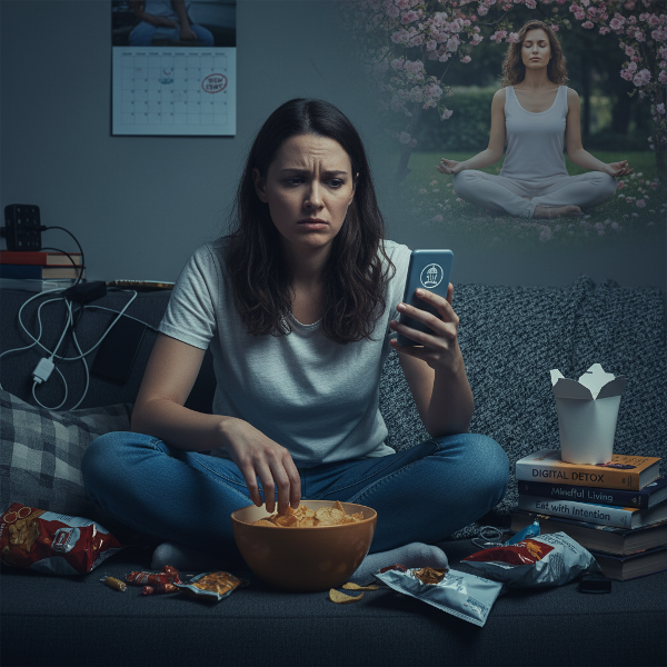 تصویری از یک زن جوان که در چرخه اعتیاد به گوشی هوشمند، خشم و پرخوری احساسی گیر کرده و به دنبال راه‌هایی برای رشد شخصی و ایجاد عادات سالم است.