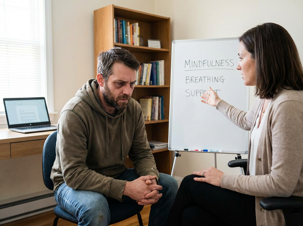 تصویر یک مرد ۳۹ ساله مهندس نرم‌افزار را نشان می‌دهد که در محیط کار با اضطراب دست‌و‌پنجه نرم می‌کند، در حالی که افکار منفی و نگرانی‌های مالی و شغلی به شکل ابرهای تیره در اطرافش دیده می‌شوند. در بخشی از تصویر، نمادهای آرامش‌بخش مانند تنفس عمیق و ذهن‌آگاهی به صورت نور ملایم نمایش داده شده‌اند.