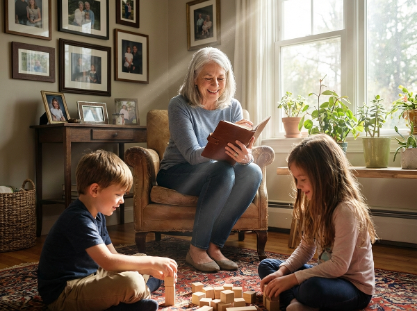 تصویری از یک زن ۶۲ ساله در حال نوشتن در دفترچه خاطرات، در محیطی گرم خانوادگی، که نشان‌دهنده تقویت اعتماد به نفس و صدای درونی در دوران بازنشستگی است.