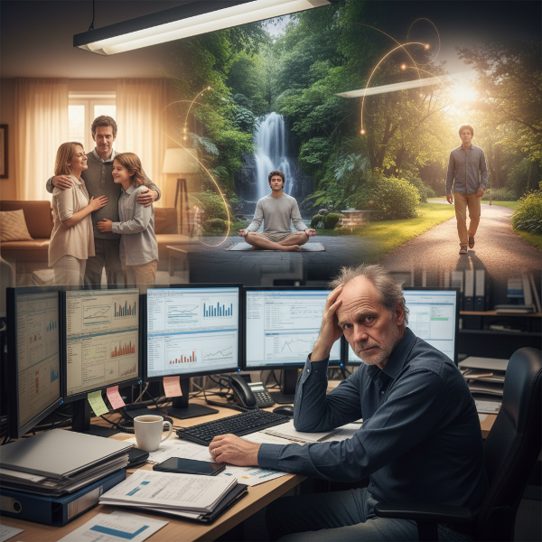 تصویری از یک مرد 53 ساله در محیط کاری پراسترس که خسته به نظر می‌رسد، با صحنه‌هایی از حمایت خانوادگی و فعالیت‌های آرامش‌بخش در پس‌زمینه که مدیریت استرس و بهبود را نشان می‌دهد.