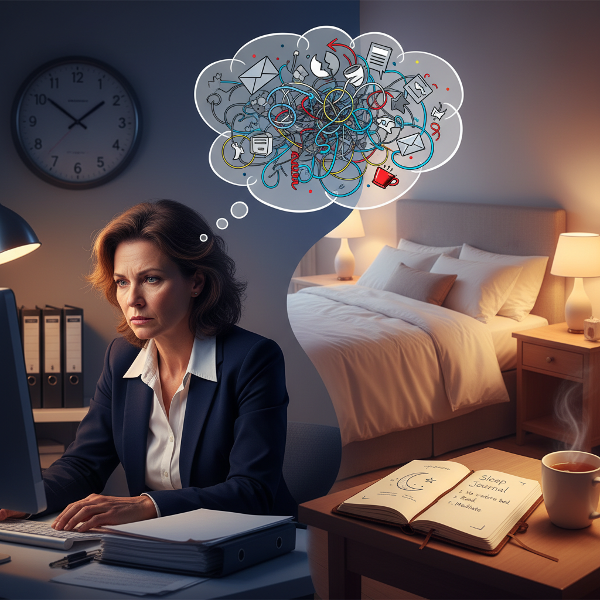 تصویری از یک مدیر زن در محیط کار تحت فشار، با انتقال به صحنه‌ای آرام در اتاق خواب که تکنیک‌های مدیریت استرس و بهبود خواب را نشان می‌دهد.