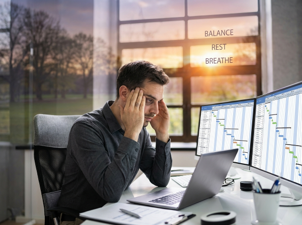 تصویر یک مرد ۳۲ ساله در دفتر کار مدرن را نشان می‌دهد که زیر فشار کاری به نظر می‌رسد. در پس‌زمینه، نمادهایی از آرامش و تعادل زندگی مانند یک پارک آرام در غروب، به تدریج ظاهر می‌شوند.