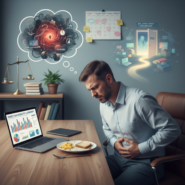 تصویر یک کارآفرین ۴۸ ساله در دفتر خانگی را نشان می‌دهد که تحت استرس مدیریت تیم دورکار است، غذا را نادیده می‌گیرد و دچار ناراحتی معده است. نمادهایی از تعادل بین کار و سلامت در پس‌زمینه دیده می‌شود.