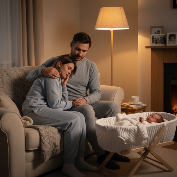 تصویری از یک زوج جوان در خانه‌ای گرم که شوهر با مهربانی از همسرش که دچار نوسانات خلقی پس از زایمان است حمایت می‌کند و نوزادشان در نزدیکی آن‌ها قرار دارد.
