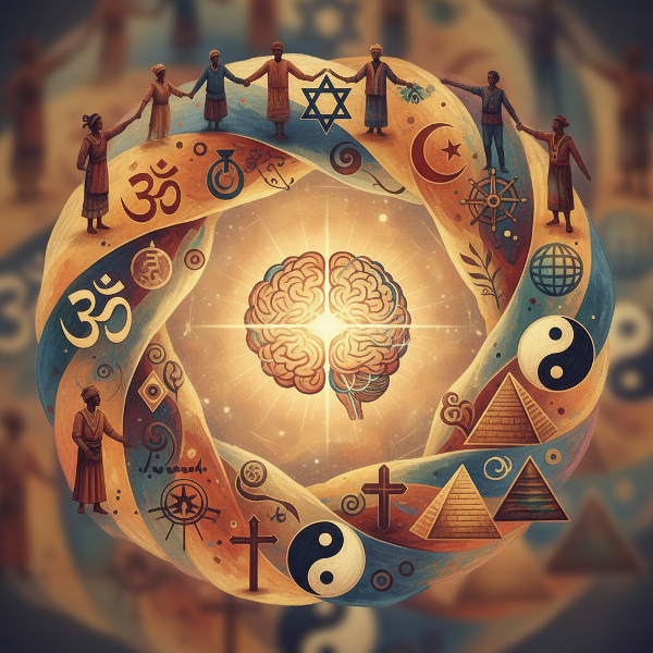 تصویری نمادین از ذهنی باز و پذیرا در برابر تنوع، با ترکیب هماهنگ عناصر مختلف فرهنگی و عقیدتی در نور و رنگ‌های گرم.