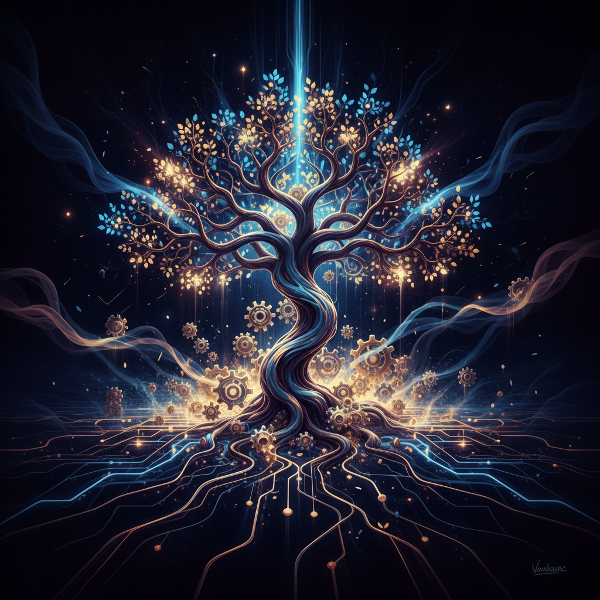 یک تصویر انتزاعی و نمادین که فرآیندهای ناخودآگاه ذهن، مسیرهای تصمیم‌گیری و تبدیل تاریکی ناآگاهی به نور آگاهی را نشان می‌دهد.