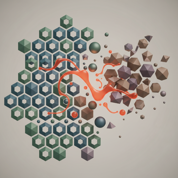 تصویری انتزاعی از اشکال هندسی به هم پیوسته که برخی الگویی یکسان و برخی متفاوت را دنبال می‌کنند، نمادی از همرنگی و ناهمرنگی اجتماعی در یک شبکه.