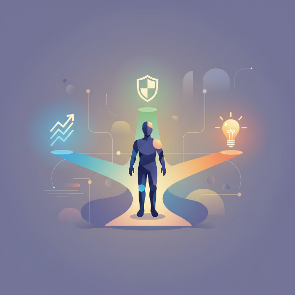 تصویری نمادین از یک فرد در تقاطع سه مسیر رنگی که سبک‌های تصمیم‌گیری را نشان می‌دهد، با نمادهای شناور انگیزه‌های کاری در آسمان.