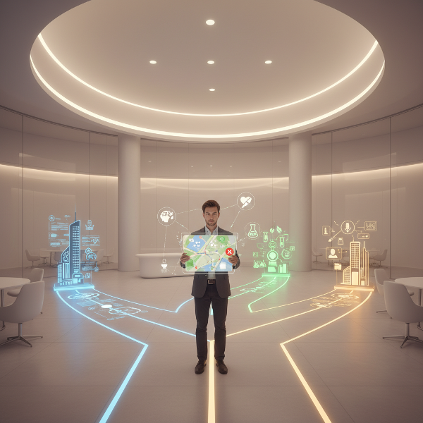 تصویری از یک فرد در تقاطع چندین مسیر درخشان شغلی که به نقشه‌ای شخصی‌شده نگاه می‌کند. این صحنه در یک محیط کاری مدرن و انتزاعی با نور ملایم قرار دارد.