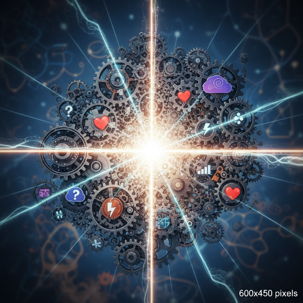 تصویر یک ذهن انتزاعی و مکانیکی را نشان می‌دهد که نمادهای احساس و منطق در آن در هم تنیده شده‌اند. نور مرکزی و مسیرهای نورانی، فرآیند فکر و درک را به تصویر می‌کشند، در حالی که سایه‌های مبهم در پس‌زمینه، الگوهای ناخودآگاه و سوگیری‌های پنهان را نشان می‌دهند.