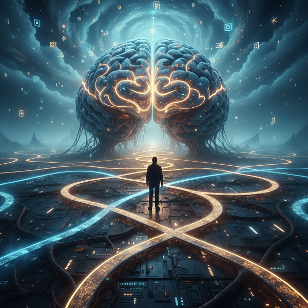 تصویری از یک فرد در تقاطع چندین مسیر پیچیده در یک مارپیچ به شکل مغز، که مسیرهای روشن و تاریک نشان‌دهنده الگوهای ذهنی و فرآیندهای تصمیم‌گیری هستند.