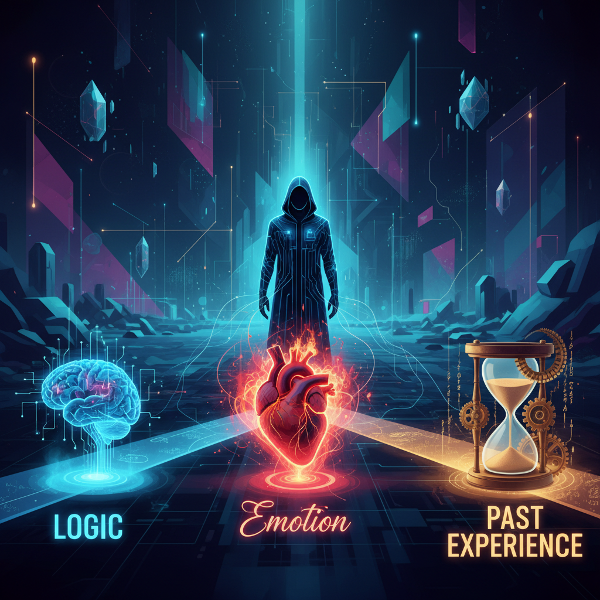 تصویری از یک شخص در تقاطع چندین مسیر درخشان که هر کدام نماد یک سبک تصمیم‌گیری (منطق، احساس، تجربه) است.
