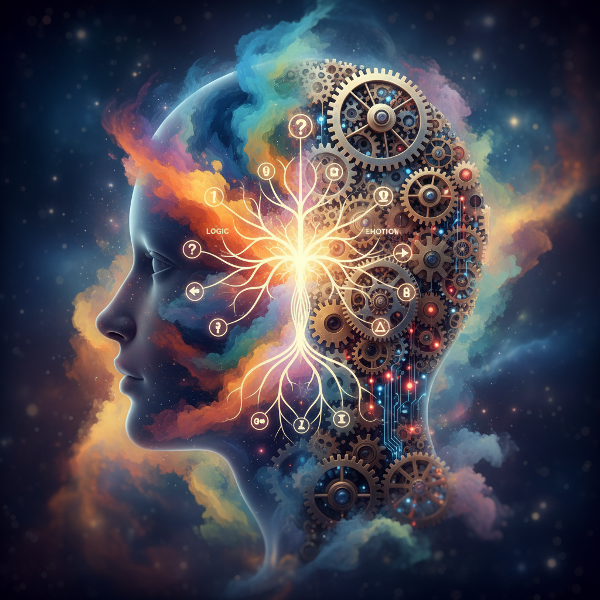 تصویری نمادین از سر یک انسان در نمای نیمرخ که نیمی از آن با چرخ‌دنده‌ها و مدارهای پیچیده (نماد منطق) و نیمی دیگر با جریان‌های رنگی و انتزاعی احساسات پر شده است. مسیری از نور در مرکز، این دو نیمه را به هم متصل کرده و نقاط تصمیم‌گیری مانند شاخه‌های درخت از آن منشعب می‌شوند.