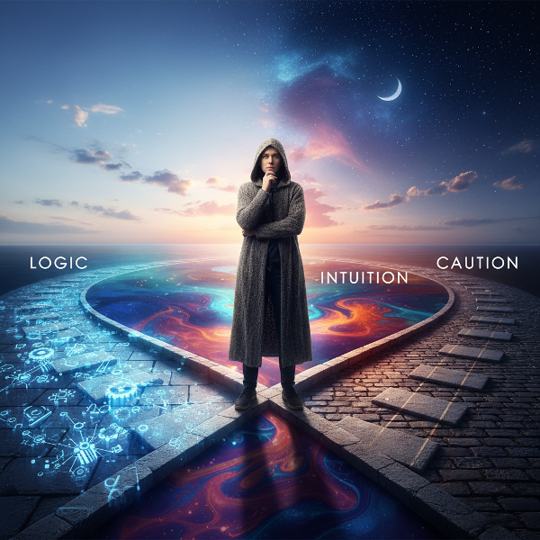 تصویر یک شخص در تقاطع سه مسیر متفاوت: مسیر منطق با نمادهای تحلیلی، مسیر شهود با شکل‌های درخشان و مسیر احتیاط با گام‌های اندازه‌گیری شده. آسمان تلفیقی از روز و شب نشان‌دهنده تصمیمات زندگی است.