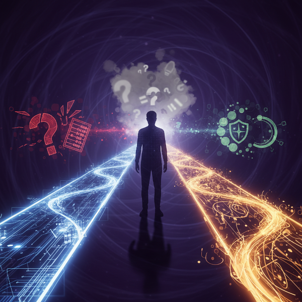 تصویر یک فرد در حال تصمیم‌گیری بین دو مسیر متفاوت، نماد سبک‌های منطقی و شهودی، با عناصر انتزاعی نشان‌دهنده ریسک و ابهام.