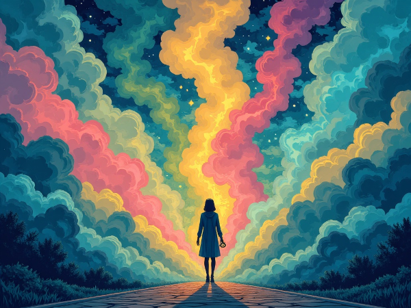 تصویر یک فرد در تقاطع چندین مسیر رنگارنگ که سبک‌های تصمیم‌گیری را نشان می‌دهند. او یک قطب‌نما در دست دارد که نماد خودشناسی است. پس‌زمینه‌ای از اشکال انتزاعی و روان در رنگ‌های آبی و طلایی برای القای وضوح و خرد.