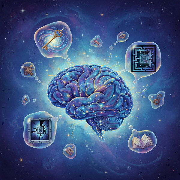 تصویری انتزاعی و رویایی از مغز انسان با مسیرهای عصبی درخشان و حباب‌های فکری نمادین که مفاهیم عمق روان و کاوش ناخودآگاه را نشان می‌دهد.