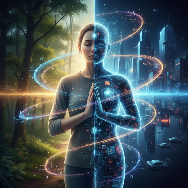 تصویری نمادین از تعادل و هماهنگی بین هویت دیجیتال و واقعی یک فرد، با جریان‌های نوری ملایم که نشان‌دهنده ارتباط سالم با فناوری است.