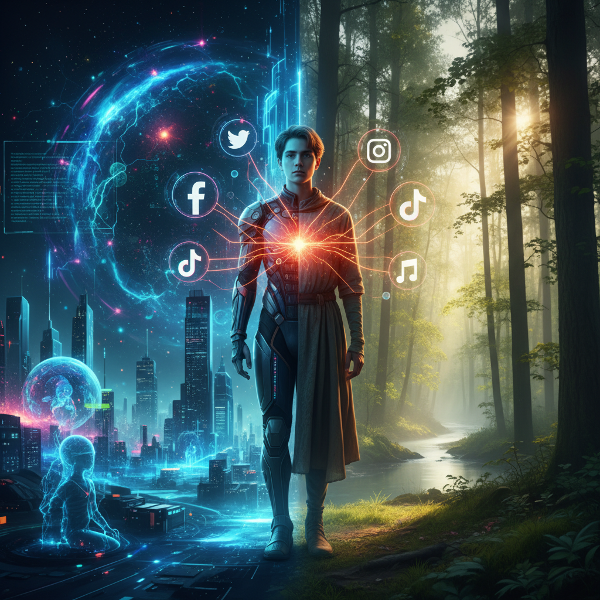 تصویری از یک فرد در مرز بین دنیای واقعی و دیجیتال، با جریان‌های نوری که احساسات و هویت را به آواتارها و نمادهای شبکه‌های اجتماعی متصل می‌کند، نشان‌دهنده تأثیر تعاملات مجازی.