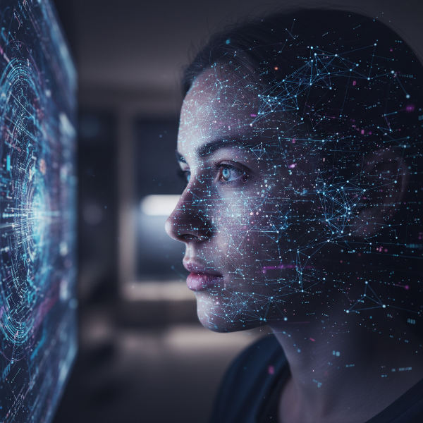 تصویری از فردی که به صفحه‌ای نورانی نگاه می‌کند، با شبکه‌ای از نقاط و جریان‌های داده انتزاعی که چهره‌اش را روشن کرده، نماد حضور آنلاین و هویت دیجیتال.