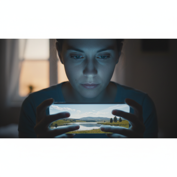 تصویری نمادین از یک فرد در حال نگاه کردن به صفحه نورانی تلفن همراه، که چهره‌اش با نور و سایه‌های ظریف روشن شده است و طبیعت آرامی در انعکاس صفحه دیده می‌شود. این ترکیب نشان‌دهنده تأثیر دوگانه فناوری بر روان و زندگی روزمره است.