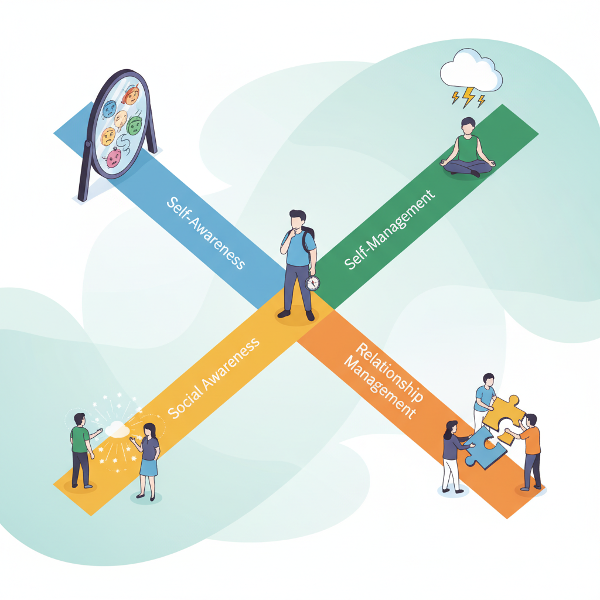 تصویری مدرن و مفهومی از یک فرد در تقاطع چهار مسیر رنگی که مؤلفه‌های اصلی هوش هیجانی را نشان می‌دهند: خودآگاهی، خودمدیریتی، آگاهی اجتماعی و مدیریت روابط، در یک صحنه روشن و حرفه‌ای که سفر تعادل و ارتباط را منتقل می‌کند.