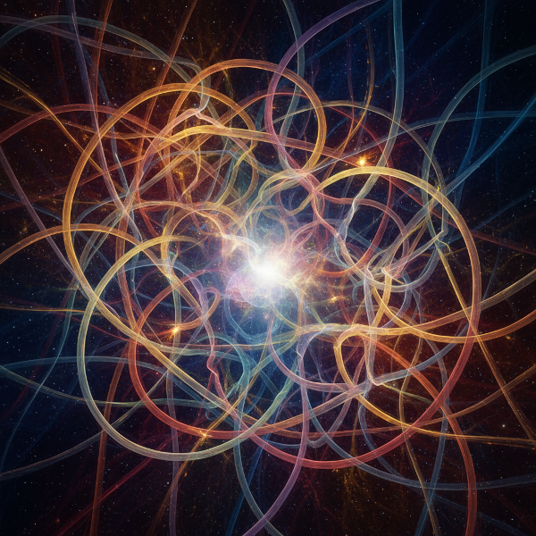 یک نقشه‌ی انتزاعی و هنری از احساسات و ارتباطات انسانی با طیف رنگ‌های گرم و سرد و خطوط در هم تنیده.