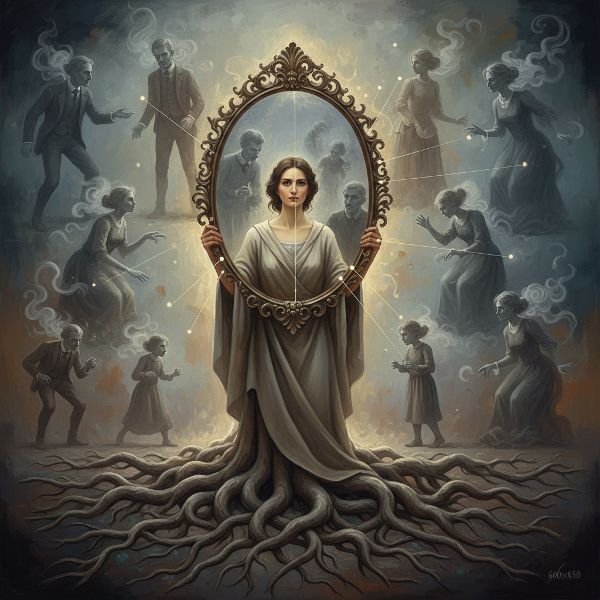 تصویری نمادین از ریشه‌های درهم‌تنیده خانوادگی، سایه‌های نسل‌های گذشته و انعکاس الگوهای رفتاری در آینه.