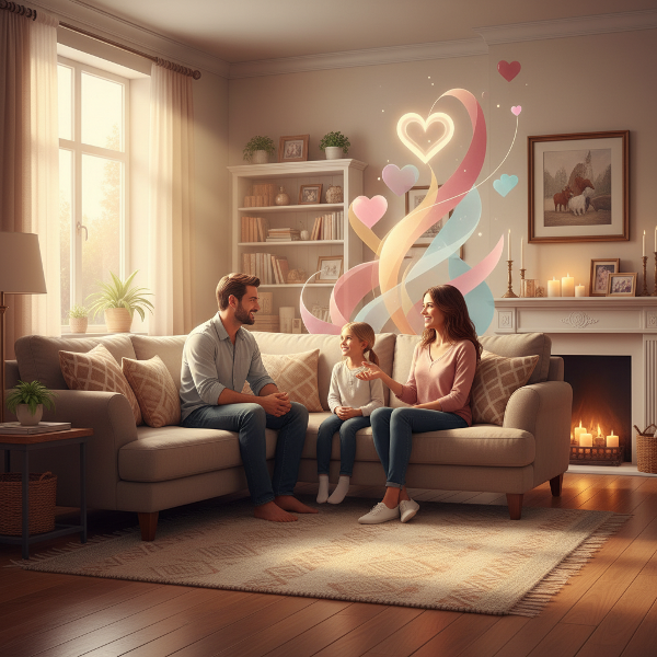 تصویری نمادین از یک خانواده در محیطی گرم و صمیمی که در حال برقراری ارتباط عاطفی مثبت هستند، با عناصر انتزاعی که نشان‌دهنده جریان احساسات و درک متقابل است.