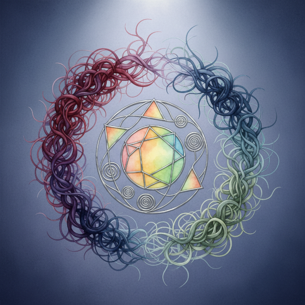 تصویری نمادین از یک خانواده به عنوان یک سیستم درهم‌تنیده، با رشته‌ها یا ریشه‌هایی که شبکه‌ای ظریف از ارتباطات را نشان می‌دهند. برخی نقاط محکم و درهم‌تنیده، برخی دور و منفصل، و ارتباطات متعادل و انعطاف‌پذیر در مرکز دیده می‌شوند.