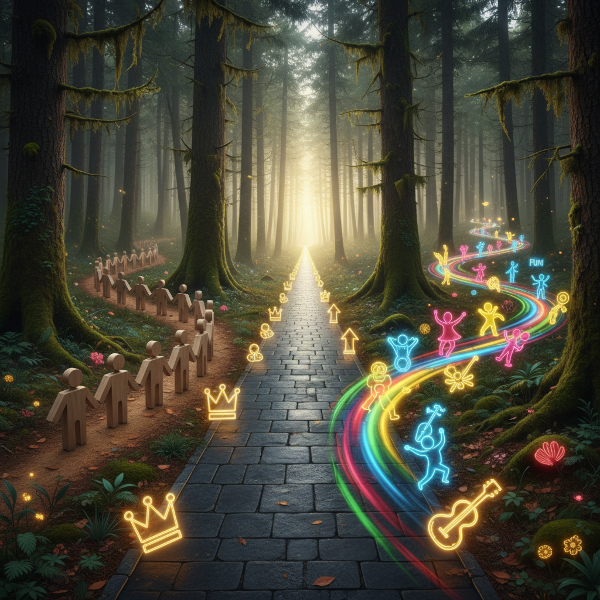 سه مسیر نمادین در یک جنگل که الگوهای انگیزشی پنهان (اجتماعی، وظیفه‌محور و لذت‌جویانه) را نشان می‌دهند.