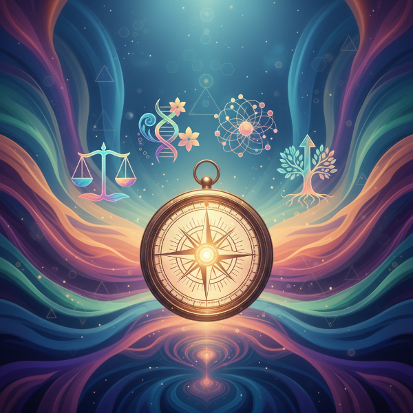 یک قطبنمای درونی که با نور ملایمی میدرخشد. عقربه آن به سمت نمادهای انتزاعی تعادل، آفرینش، پیوند و رشد اشاره میکند. این نمادها در پسزمینهای از رنگهای روان و الگوهای هندسی ظاهر شناور هستند.