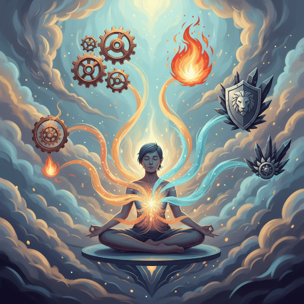 تصویری نمادین از یک فرد در حال مراقبه که جریان‌های نوری از درونش ساطع شده و به مسیرهای مختلفی تقسیم می‌شود. چرخ‌دنده‌های انتزاعی، شعله‌ی اشتیاق و سپر تاب‌آوری در پس‌زمینه دیده می‌شوند.