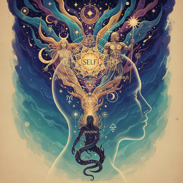 تصویری نمادین و رؤیایی از کهن‌الگوهای یونگی که از سیلوئت یک انسان سربرمی‌آورند، با جوّی اسرارآمیز و رنگ‌های روان و نمادهایی مانند ماندالا.