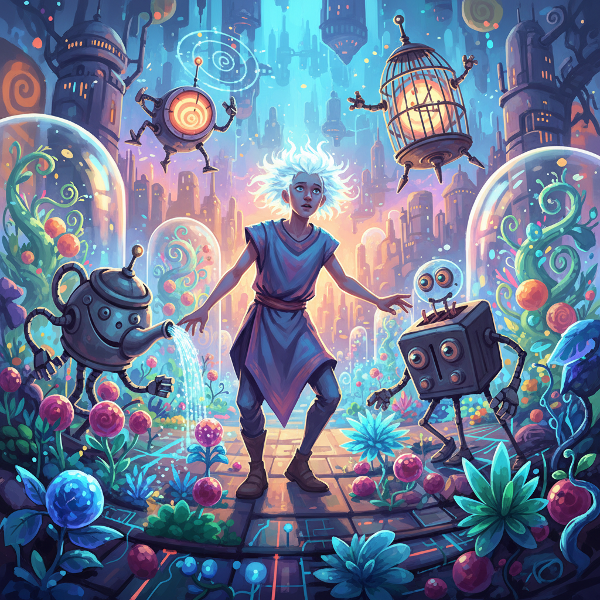 تصویری طنزآمیز از یک مزرعه رباتیک آینده‌نگر با ربات‌های عجیب و غریب و گیاهان مکانیکی، که شخصی در آن گم شده و با کنجکاوی به اطراف نگاه می‌کند.