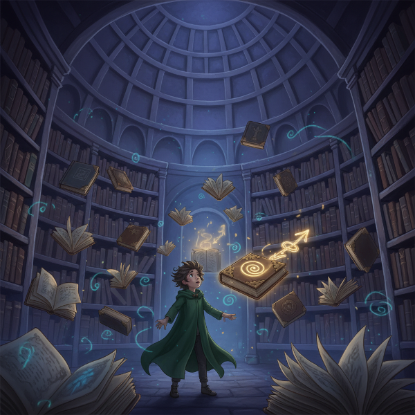 تصویری از یک کتابخانه جادویی پر از کتاب‌های شناور و نورهای مرموز، که فردی در میان قفسه‌های بلند گم شده و یک کتاب افسانه‌ای درخشان به کمکش می‌آید.