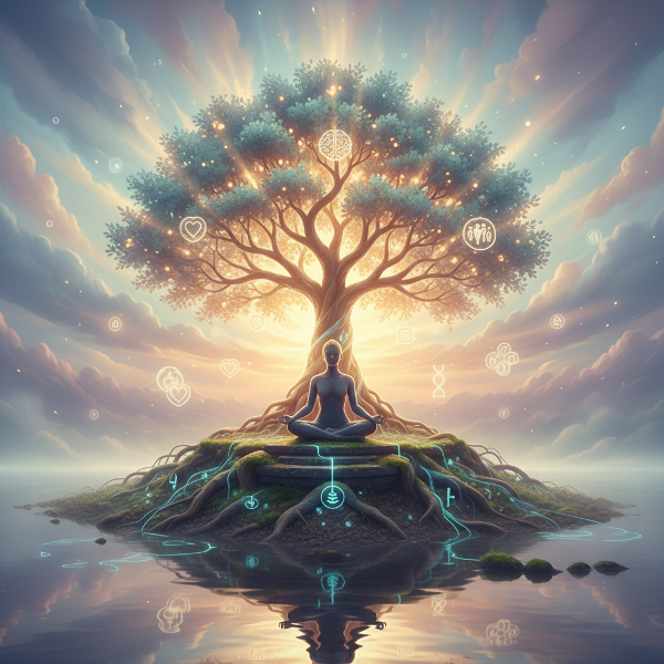 تصویری از یک فرد در حال مدیتیشن زیر درختی درخشان و پرانرژی که ریشه‌های آن در زمین محکم شده و شاخه‌ها به آسمانی پررنگ و زنده می‌رسند. نمادهای تعادل هیجانی، روانی و اجتماعی به آرامی در فضای تصویر شناورند.