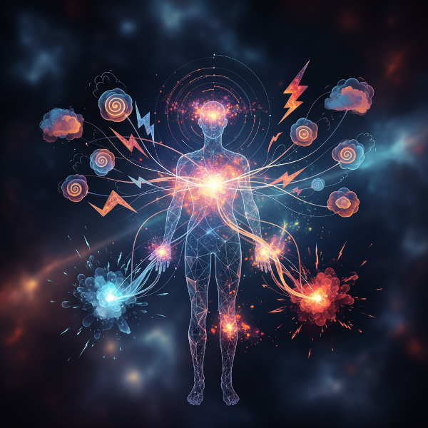 یک تصویر هنری مفهومی که رابطه پویا و جریان انرژی بین حالت‌های ذهنی (به صورت نمادها و رنگ‌ها) و بدن فیزیکی را به نمایش می‌گذارد.