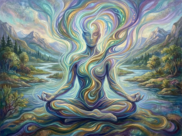 تصویری نمادین از ارتباط ذهن و بدن، با هاله‌ای از انرژی که تعادل و یکپارچگی را نشان می‌دهد.