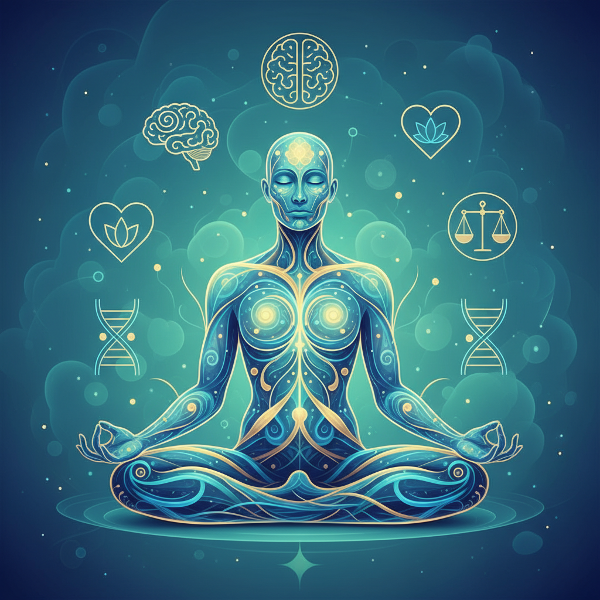تصویر یک فرد در حالت آرامش، با خطوط انرژی که ارتباط بین افکار و احساسات فیزیکی را نشان می‌دهد، در یک فضای متعادل و هماهنگ.