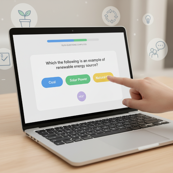 تصویری از یک آزمون آنلاین مدرن و جذاب روی صفحه لپ‌تاپ که سوالات و گزینه‌های رنگی را نشان می‌دهد و حس کشف خودشناسی را القا می‌کند.