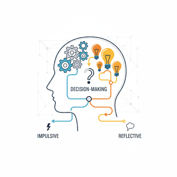 تصویر نمادین یک سر انسان در نیمرخ که چرخ‌دنده‌ها و لامپ‌هایی درون آن، تحلیل منطقی و تفکر خلاق را نشان می‌دهند. مسیرهای مختلف، تصمیم‌گیری تأملی در مقابل تکانشی را به تصویر می‌کشند.