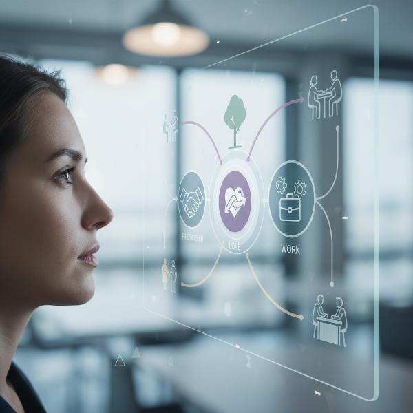 تصویری از یک فرد در حال تفکر که به صفحه‌ای نگاه می‌کند که سناریوهای مختلف تعامل اجتماعی را نشان می‌دهد. نمادهایی از دوستی، عشق و کار حرفه‌ای در پس‌زمینه‌ای با رنگ‌های ملایم و تحلیلی دیده می‌شود.