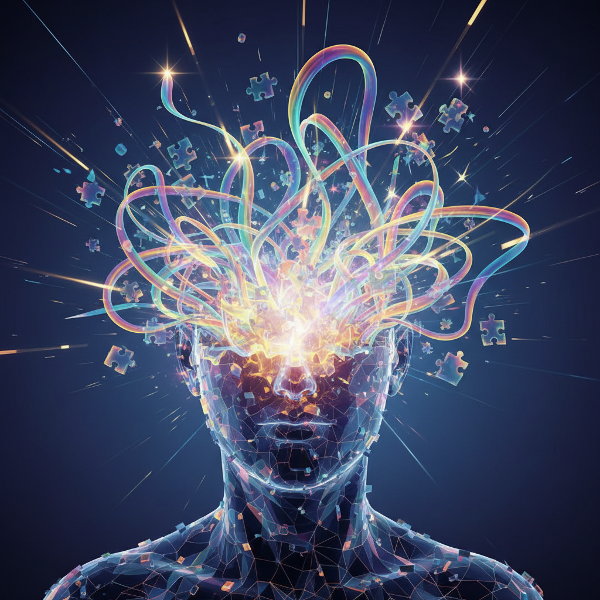 یک ذهن خلاق که ایده‌های رنگارنگ و غیرمنتظره را مانند جرقه‌های نور تولید می‌کند، نشان‌دهنده سیالی، انعطاف‌پذیری و اصالت در تفکر.