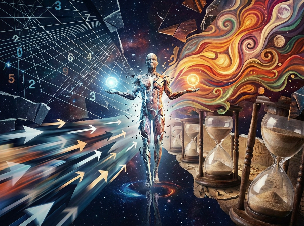 تصویر یک شخص را در مرکز یک تقاطع چندمسیره نشان می‌دهد که هر مسیر با نمادهای انتزاعی (مانند خطوط هندسی، رنگ‌های سیال، فلش‌ها و ساعت شنی) سبک‌های مختلف تصمیم‌گیری (منطقی، احساسی، سریع و تأملی) را مجسم می‌کند.