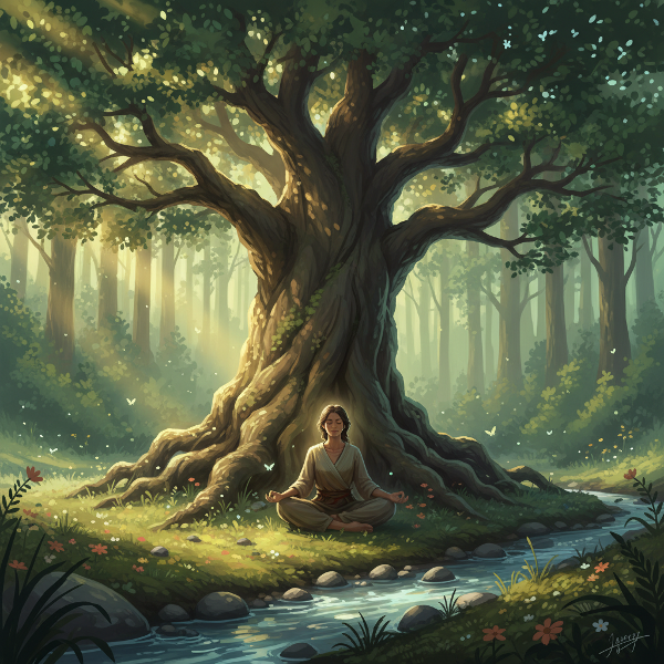 تصویری آرامش‌بخش از فردی در حال مراقبه زیر یک درخت کهن در جنگلی سرسبز، نماد پیوند با طبیعت و تعادل محیطی.