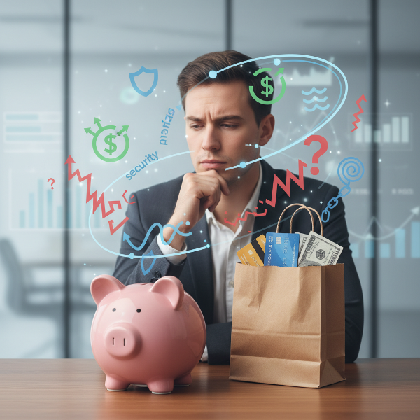 تصویر یک فرد در حال تفکر درباره پول، با نمادهای امنیت، ریسک و خرید در اطرافش.