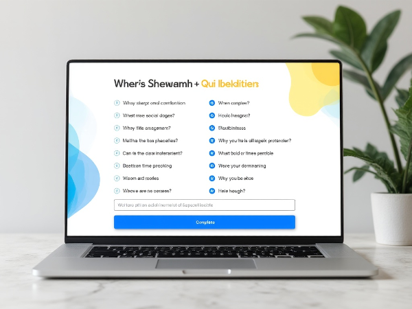 یک رابط کاربری مدرن و جذاب برای آزمون آنلاین روی صفحه لپ‌تاپ، شامل ۱۵ سوال چندگزینه‌ای با سه گزینه، نمادهای رنگارنگ موضوعات سبک زندگی، و یک نوار پیشرفت، در پس‌زمینه‌ای نرم که حس کشف خود و رشد شخصی را منتقل می‌کند.