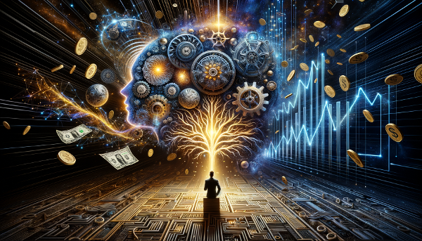 تصویری نمادین از یک ذهن پیچیده که در آن نمادهای پول درون یک هزارتو یا شبکه‌ای از باورها و احساسات شناور هستند.